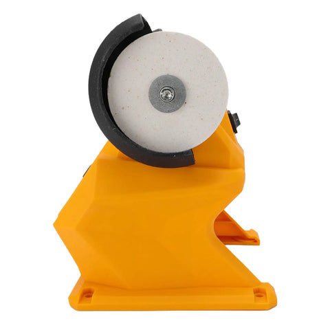 Cordless Mini Bench Grinder with Dual 70mm Wheels Spinning at 5500 RPM side view showing beige grinding wheel and lightweight yellow base.