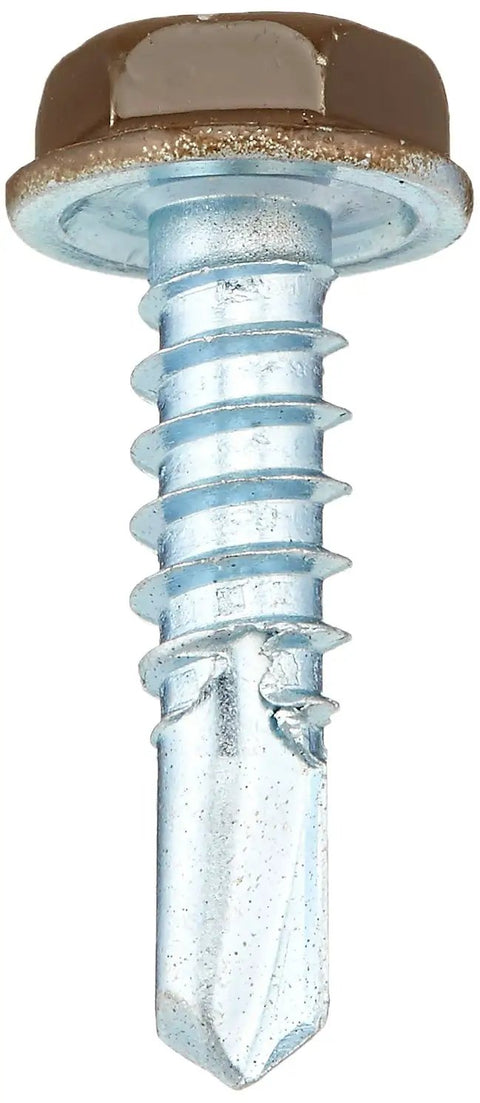 No Sweat Hex Washer Head Self Drilling Screws Size 10 Three Quarter Inch Painted with brown head and zinc-plated shaft for easy installation.