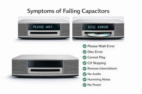 Image showing symptoms of failing capacitors in Bose Wave Radio, including 'Please Wait' and 'Disc Error' messages.