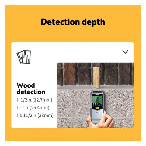 Heavy Duty Digital Wall Stud Finder With Lcd Display, 5 In 1 Scanner showing wood detection depth on LCD screen.