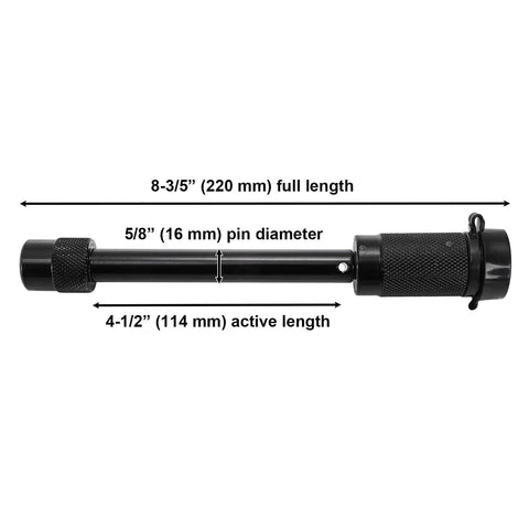 Five Eighth Inch Trailer Hitch Lock With Extra Long Four And A Half Inch Span For Three Inch Receivers Plus Two And A Half Inch And Two Inch Adapters Anti Rattle O Rings Locking Hitch Pin To Keep Your Trailer Truck Or Car Safe, shown with dimensions 8-3/5" full length and 4-1/2" active length with 5/8" pin diameter.