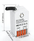 Slick Forward And Reverse Remote Switch With Dual Wireless Controllers For Heavy Duty Linear Actuators, Garage Doors, Curtains, And Bed Lifting Systems Operating On DC 5V To 30V With A Punchy 30A Load Rating, showing receiver size and input/output ports.