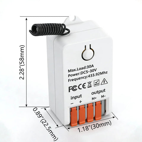 Slick Forward And Reverse Remote Switch With Dual Wireless Controllers For Heavy Duty Linear Actuators, Garage Doors, Curtains, And Bed Lifting Systems Operating On DC 5V To 30V With A Punchy 30A Load Rating, showing receiver size and input/output ports.