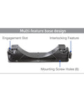 Durable Scuba Tank Holder System with interlocking bases and silicone band showing engagement slot and mounting holes.