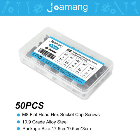 Shop Ready M8 Metric Socket Head Cap Screws Assortment Kit With Flat Countersunk Heads And Fully Threaded Design In 12 To 25 Millimeter Sizes Made From Badass 10.9 Grade Alloy Steel With A Classy Black Oxide Finish in a clear packaging.
