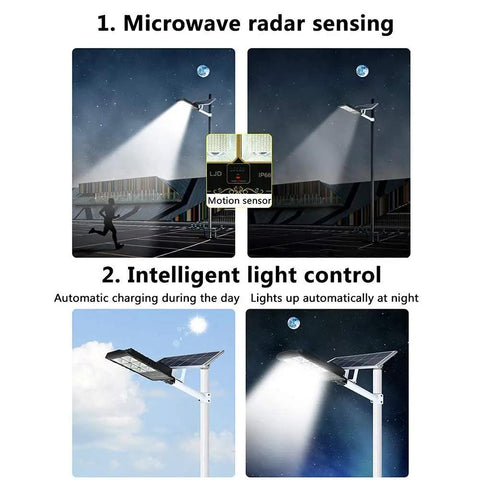 Rock Solid Solar Flood Lights With Motion Sensor And Pocket Remote Waterproof Outdoor Yard And Driveway Bulbs Quick Adjust Bracket Mount For Hassle Free Install, showcasing features like radar sensing and intelligent light control.