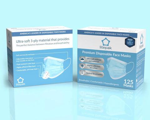 125-Pack Disposable Face Masks 3-Ply Breathable Protection With Adjustable Nose Clip And Soft Earloops Comes In Convenient Dispenser Box Blue Ideal For Offices Schools Restaurants And Events Great For Daily Use And Safety displayed in packaging.