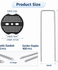 Heavy Duty Garden Stakes Kit With Washers for Windy Areas, stakes and gaskets dimensions, 6 inch 11 gauge staples shown