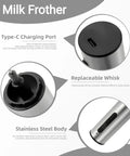 Rechargeable Milk Frother Wand With Three Independent Speeds And Five Attachments For Coffee Lattes Matcha And More Handheld Electric Whisk In Stainless Steel Perfect Gift For Kitchen Essentials And At Home Barista Vibes showing Type-C charging port, replaceable whisk, and stainless steel body.