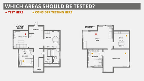 Floor plan showing testing areas for Radtrak³ Home Radon Detector For Long Term Testing 90 Days To 1 Year, Easy To Use Setup, Accurate Readings.
