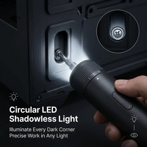 Slick Cordless Electric Screwdriver Kit With 21 Magnetic Bits And 2000mAh Rechargeable Battery Featuring Adjustable Torque High Speed Motor And Integrated Led Light illuminating a screw in a dark area.