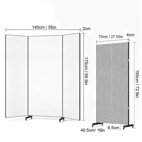 Massive 72X55 Trifold Full Length Mirror dimensions showing 140x175 cm with wheels, glassless nano tech build for gym use.