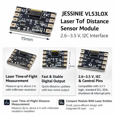 VL53L0X Laser ToF Distance Sensor Module, 15mm compact design with 2.6V-3.5V I2C interface for DIY robotics.