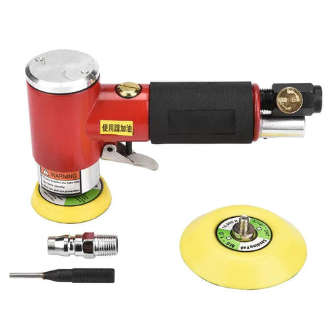 Three Inch Pneumatic Angle Grinder And Eccentric Air Polisher For Smooth Sanding And Oxidation Removal, includes attachments and hose connector.