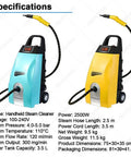 High Power Handheld Steam Cleaner With 6 Piece Accessory Set Delivers 180 Degrees C High Temp Pressure For Deep Cleaning Carpets Tile Grout Car Engines Patio Furniture And Restaurant Equipment Effortlessly Breaking Down Stubborn Grease Easily, shown in two colors.