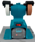 Top Shelf Cordless Mini Bench Grinder With Dual 4000 Mah Batteries delivering sleek polishing, showing two grinding wheels, and battery compartment.