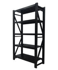 Heavy Duty Multi Tier Storage Rack And Adjustable Metal Shelving Unit For Garage Organization Built Tough With Rock Solid Modular Frame Quick No Sweat Setup, five tier black steel design.