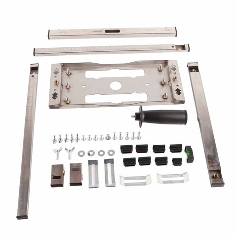 Full Throttle Electric Circular Saw Trimmer With Steel Positioning Frame parts including rails, handle, and metal screws for DIY projects.
