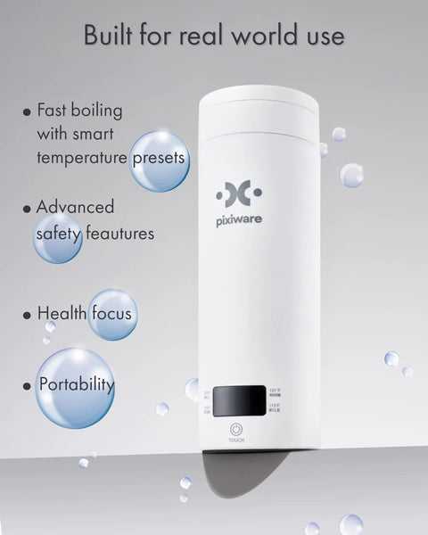 Travel Kettle With Twist Lid 450ml Portable Mini Electric Kettle For On The Go Tea And Coffee 4 Smart Temp Presets Auto Shut Off Leak Resistant Stainless Steel BPA Free 304 shown in white with text about features
