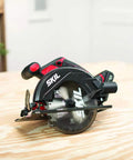 Heavy Duty 20V Cordless Circular Saw With Kickass Battery Life And Smooth Wood Cutting Performance For Weekend Warriors Hella Easy Handling charger included, showing the saw on a wooden surface.