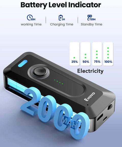 Pocket Clip On 2D Bluetooth Barcode Scanner With 2000mAh Battery And Level Indicator showing charge levels