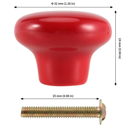 Killer Red Ceramic Cabinet Knobs 35 Pack Mushroom Button Single Hole Door Pulls With Screws, 32mm diameter, 24mm high, features shiny red ceramic.