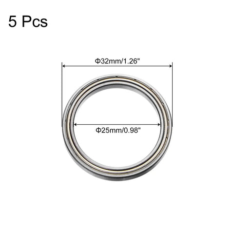 Rock Solid 5 Pack Deep Groove Ball Bearings Double Shielded Chrome Steel 6705 ZZ Size 25 By 32 Millimeter with dimensions marked.