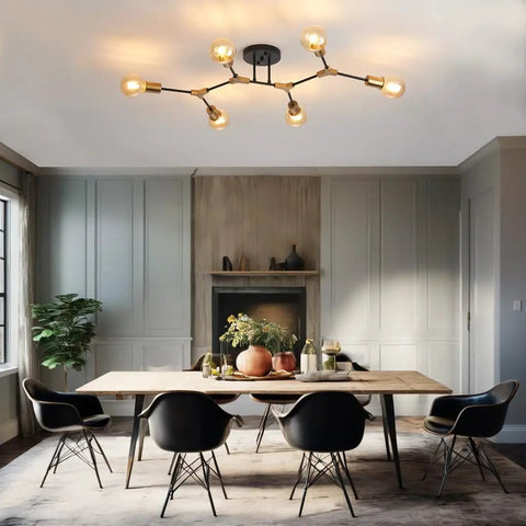 Dining room with Six Light Gold And Black Sputnik Ceiling Light Fixture Modern Mid Century Vibe Semi Flush Mount above table
