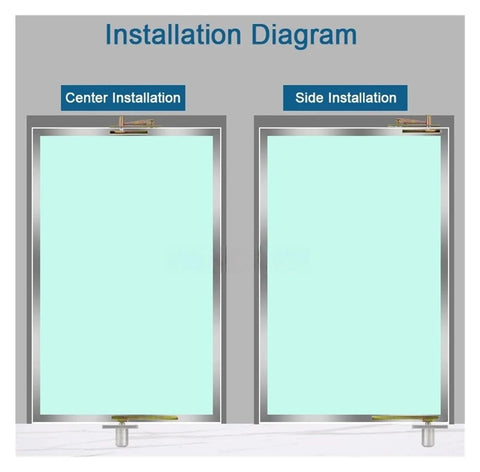 Installation diagram for Heavy Duty Pneumatic Door Hinges showing center and side installation methods.