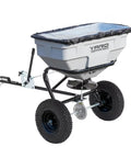 Front view of Tow Behind Lawn And Garden Broadcast Spreader Be A Workhorse, 125 Lb Capacity, Handles Seed Fertilizer Salt And Ice Melt, Durable Rust Proof Hopper