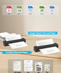 Portable Thermal Printer D80 Wireless For Travel And On The Go Inkless Printer That Really Works With iOS Android And Laptop Prints Black And White On 8.5 By 11 US Letter A4 And A5 Paper For Home Office And Vehicles showing paper output options on a table.