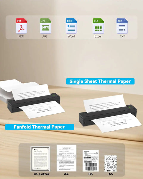 Portable Thermal Printer D80 Wireless For Travel And On The Go Inkless Printer That Really Works With iOS Android And Laptop Prints Black And White On 8.5 By 11 US Letter A4 And A5 Paper For Home Office And Vehicles showing paper output options on a table.