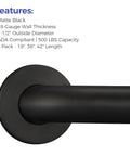 Close-up view of Straight Up Sturdy Matte Black Stainless Steel Grab Bar for ADA Compliant Restrooms, showcasing features.