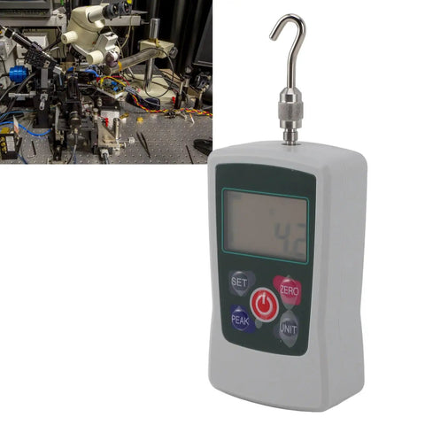 Straight Shooting Digital Force Gauge For Push And Pull Applications Featuring A High Resolution Backlit Display And Tight Tolerance From 30 To 300 Newtons, showing hook and display.