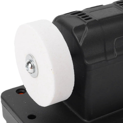 Close-up of Badass Cordless Mini Bench Grinder With A Powerhouse Copper Motor and variable speed dual wheels for 18V batteries.