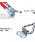 Close-up of Eight Piece Adjustable Iron Toggle Latch Clamps with Quick Release, zinc plated, showing oxidation resistance and clamping strength.