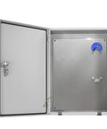 Rugged Outdoor EV Charger Enclosure Wall Mount Heavy Duty Steel Box with open door showing interior, weatherproof design.