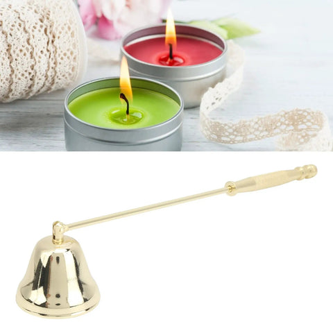 Slick Stainless Steel Candle Snuffer With Ergonomic Long Handle And Hassle Free Wick Control For Tapered Dinner Candles And Fresh Home Decor Setup In Classic Gold Finish next to lit green and red candles.