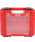 Red hard plastic storage case with transparent lid, designed for organizing tools and accessories for Rock Solid Brushless Cordless Drill.