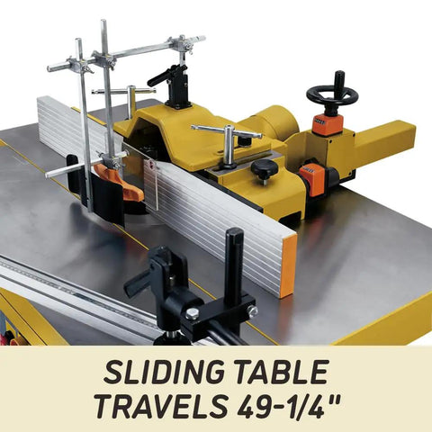 Rock Solid Tilting Sliding Spindle Shaper With Dual Digital Readout And Precision Micrometer Fence, 7.5HP Three Phase industrial woodworking rig with 49-1/4" sliding table.