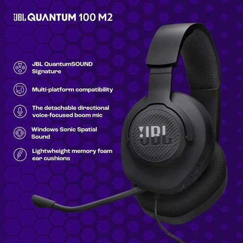 Wired Over Ear Gaming Headset With Detachable Microphone Mute Option And Fabric Covered Memory Foam Ear Cushions For All Platforms Immersive Quantum Sound Signature For Pro Gamers And Casual Streams on display against a purple background with feature highlights