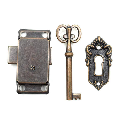 Top Shelf Antique Iron Cabinet Lock For Tiny Curio Showcases And Dashing Keepsake Jewelry Boxes Including Rustic Vintage Keys, 53x26mm with key.