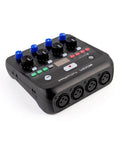 The Ultimate Two Host Podcast Stack Featuring Multitrack Recorder and Dynamic Mics Paired With Headphones with control knobs and XLR inputs.