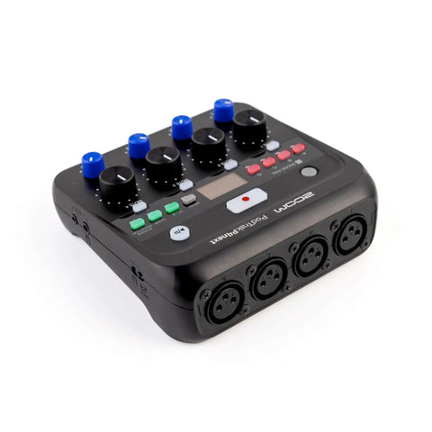 The Ultimate Two Host Podcast Stack Featuring Multitrack Recorder and Dynamic Mics Paired With Headphones with control knobs and XLR inputs.