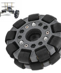 100mm double omnidirectional robotic wheel set with plastic wheels and copper ball bearings for precise 360° mobility and 20 kg load capacity.