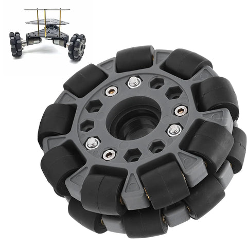 100mm double omnidirectional robotic wheel set with plastic wheels and copper ball bearings for precise 360° mobility and 20 kg load capacity.