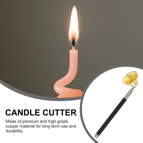 Premium Copper Bell Shaped Candle Flame Snuffer Featuring Six Level Retractable Handle beside lit candle flame