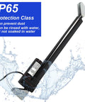 Rock Solid 12V Electric Linear Actuator With 32 Inch Stroke And 440 Lbs Force shown with water splash, highlighting IP65 protection feature.