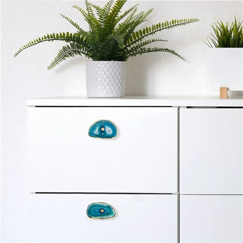 Straight Fire Chunky Natural Agate Stone Cabinet Knobs With Polished Gold Trim For Bedroom Dresser Drawers And Modern Wardrobes Easy Screw Mount Furniture Hardware Must Have on white dresser with potted plant.