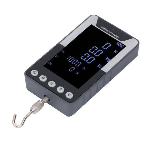 Badass Digital Force Meter With Large High Definition Color Screen And Dual Newton Pound Readout For Tight Tension Compression Testing Boss 1000N Push Pull Dynamometer Gauge Usa Power Plug showing display and hook